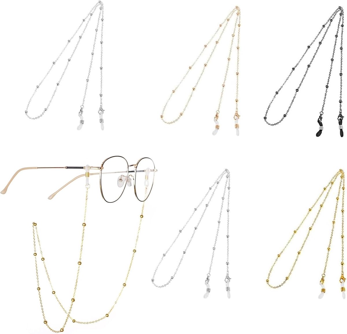 Elegante brillenketting voor dames met parels, antislip brillenkoord voor zonnebrillen en leesbrillen, 5 stuks met metalen details en stijlvol ontwerp