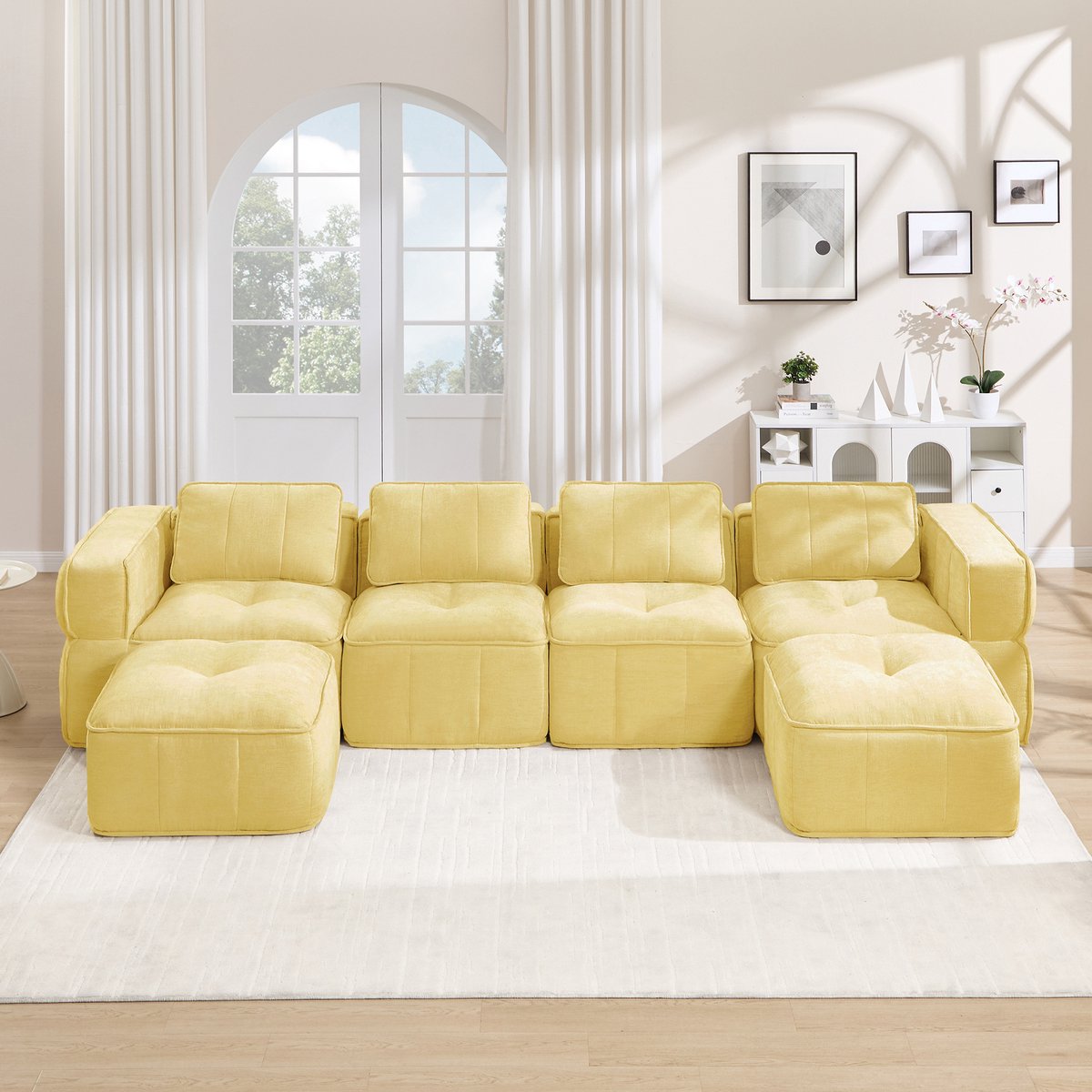 Pugsdrly 4-zits U-vormige modulaire bank zonder frame met 2 poefs, 32D-schuim met hoge dichtheid, zachte en comfortabele stoffen bekleding, antislip, voor de woonkamer, geen montage nodig, geel.