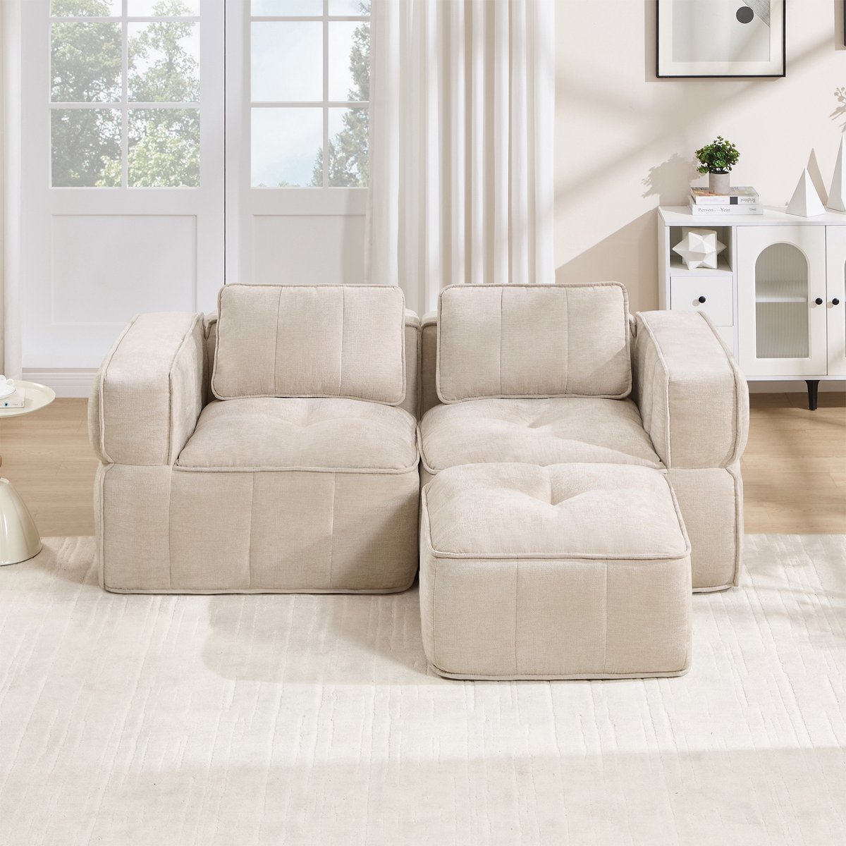 Pugsdrly L-vormige modulaire tweezitsbank zonder frame met poef, 32D-schuim met hoge dichtheid, diepe zitting, huidvriendelijke stof, antislip, voor de woonkamer en appartementen, beige.