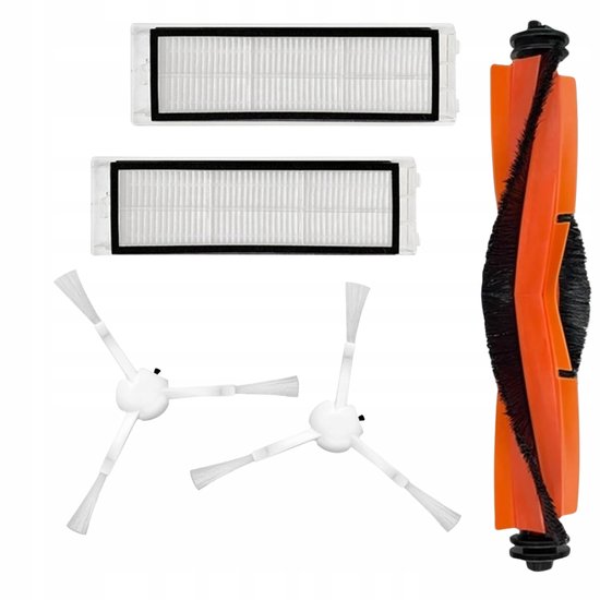 Onderhoudsset: 2 witte filters, 2 witte zijborstels en 1 oranje hoofdborstel.