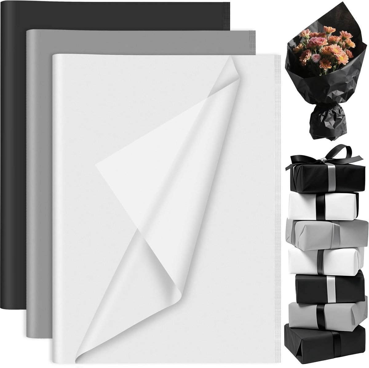60 Vellen Zwart Wit Grijs Tissuepapier Bulks, Geschenkverpakking Tissuepapier Vellen voor Verpakking Verjaardagscadeau Inpakpapier Verjaardag Bruiloft Vakantie Papier Bloem
