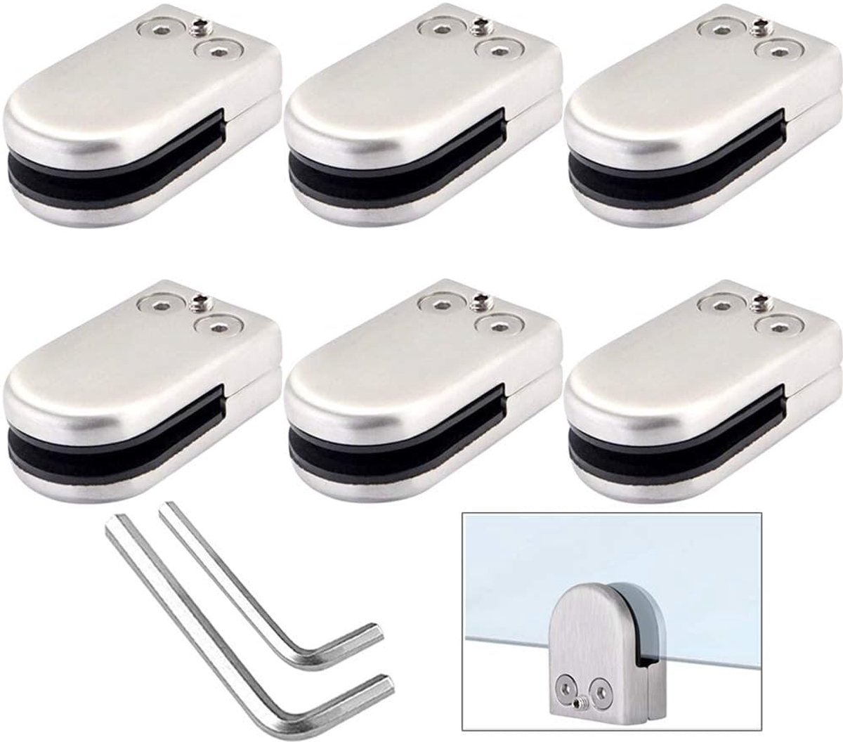 6 Stuks 10～12 mm (L Maat) Glazen Klemmen, 304 RVS Glasklemmen, Verstelbare Glasklem Beugel Platte Achterkant, voor Trap Balustrade Leuning (Zilver)