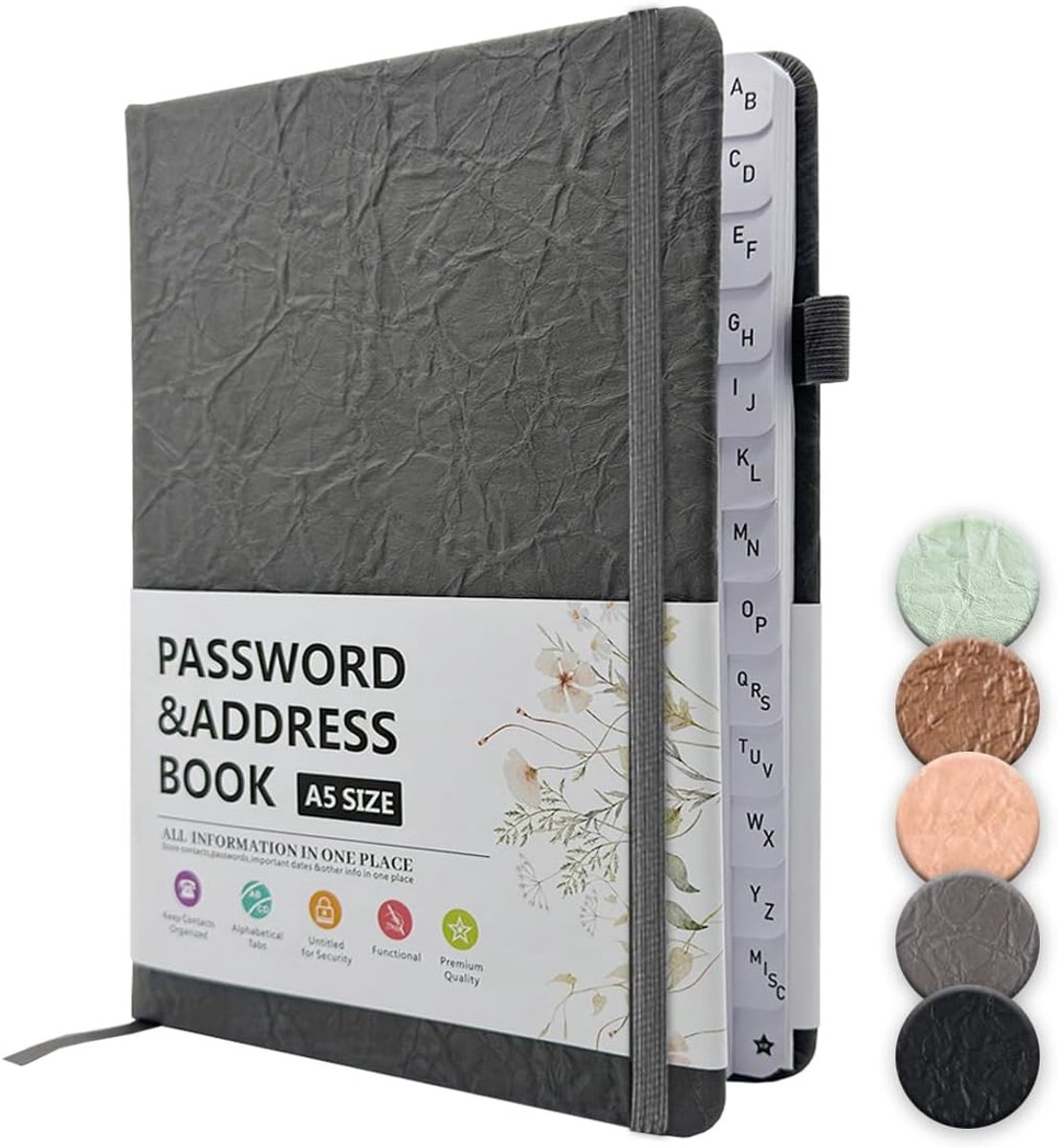 alfabetisch adresboek met register A-Z, vaste omslag, draagbaar notitieboek voor wachtwoord, voor het herinneren van login, website, gebruikersnaam en nog veel meer, grijs