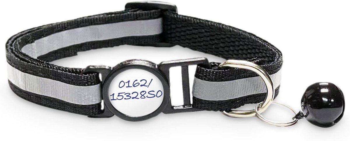 Kattenhalsband met naam en telefoonbel, zwart | Personaliseerbaar met naam- en cijferstickers, reflecterend, compatibel met Girafus Tracker