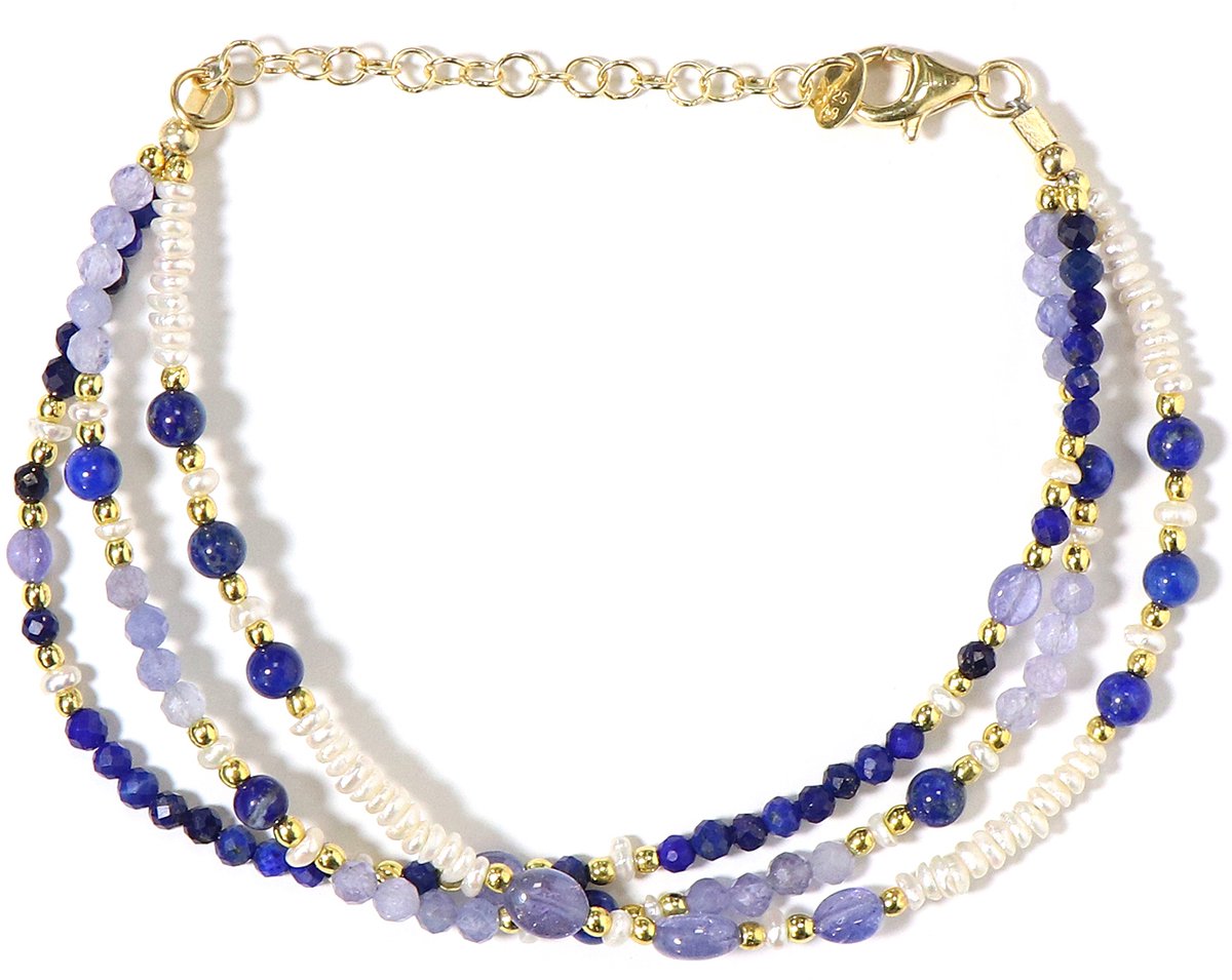 Cavill - Zilveren Armband Verguld 925 Sterling - 14,6 ct Ovale & Ronde Tanzaniet, 11,6 ct Lapis Lazuli, Zoetwaterparels - Verstelbaar en Elegant