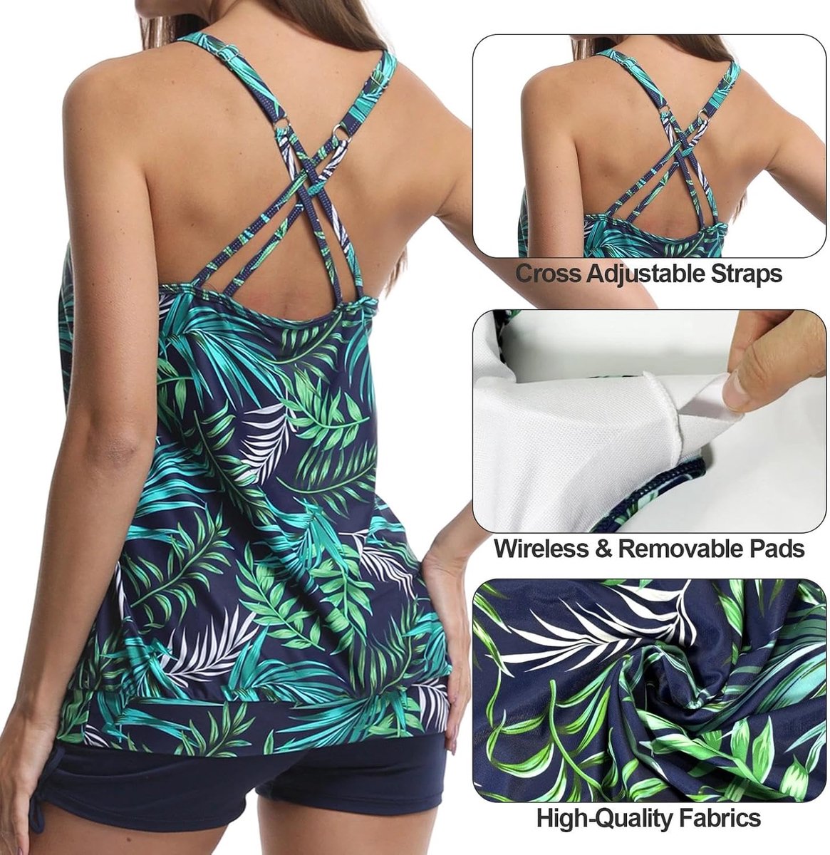 Badpak voor dames, tankini, push-up, buikweg, hoge taille, badpak, zwempak, tweedelig, bloemen, sport, strand, zomer, bovenstuk, zwemshort, badjurkset voor vrouwen