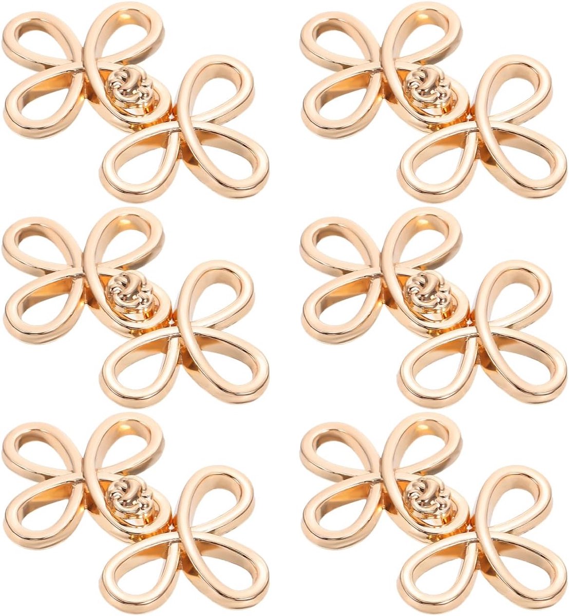 Metalen knoopsluitingen, 6 paar lichtgoud, voor jassen | Tweedelige metalen haken met knoopmotief sluiten jassen, cheongsam en kostuums met een zichtbaar sierdetail