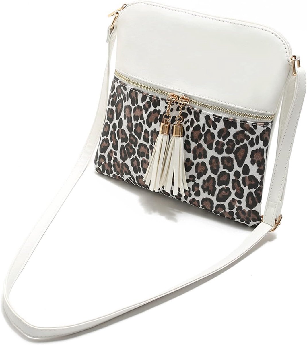 Crossbody Vintage Sling Handtas Tas Leopard Crossover Tas met Kwastje voor Vrouwen, Wit