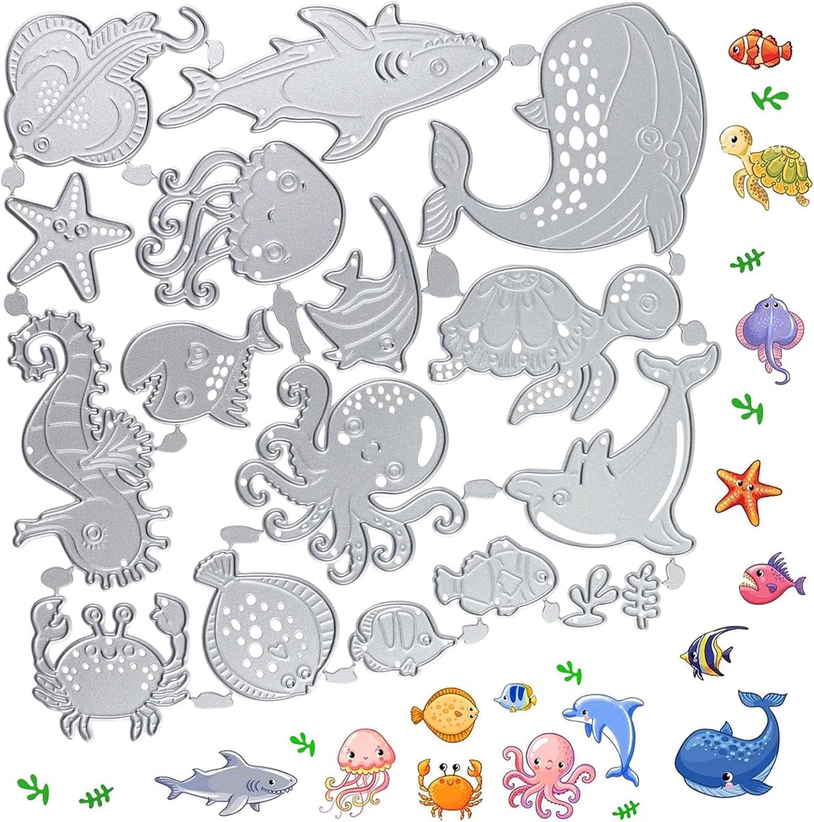 16 species metalen stempelsjablonen, stanssjablonen, zilver stansvormen voor doe-het-zelf scrapbooking, kaarten, handwerk, geschenk, huisdecoratie (verschillende zeedieren)
