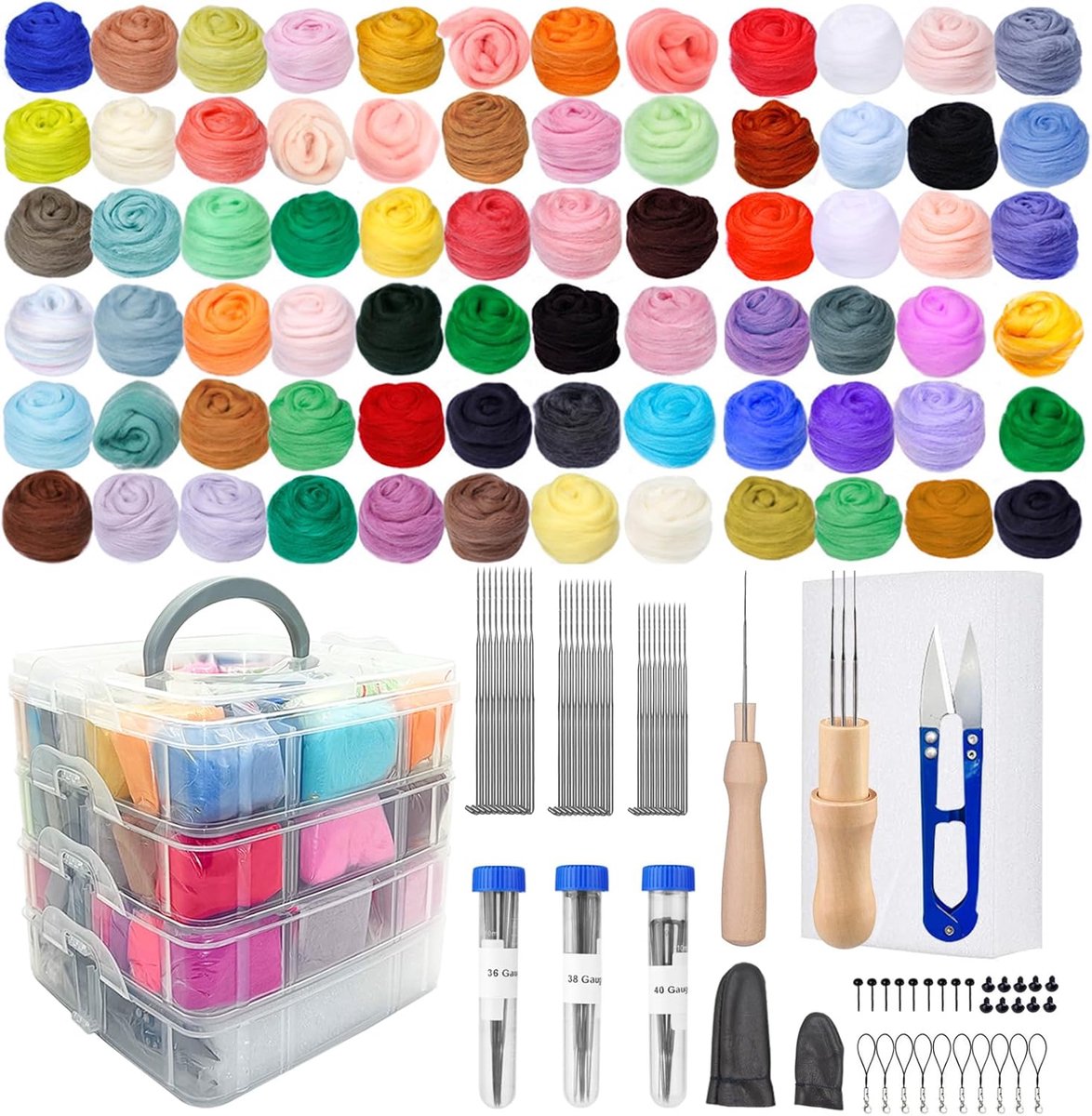 selliner Naaldvilt, 72 kleuren, roving, naaldvilt, starterset met viltnaalden, basisgereedschappen en accessoires, wolvezel, handspinmateriaal om te knutselen, voor beginners, doe-het-zelf vilt,