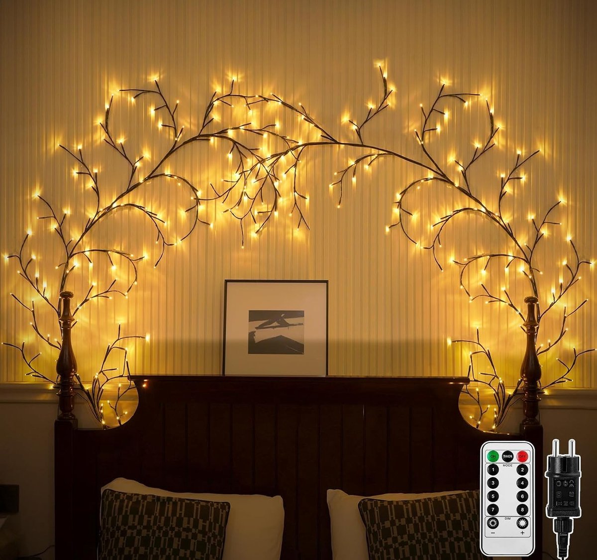 2 stuks verlichte wilgentakken, wilgentak boomverlichting met stekker, 144 LEDs, twinkelende boom wanddecoratie slaapkamer, kunstmatige lichttakken voor binnen wanddecoratie