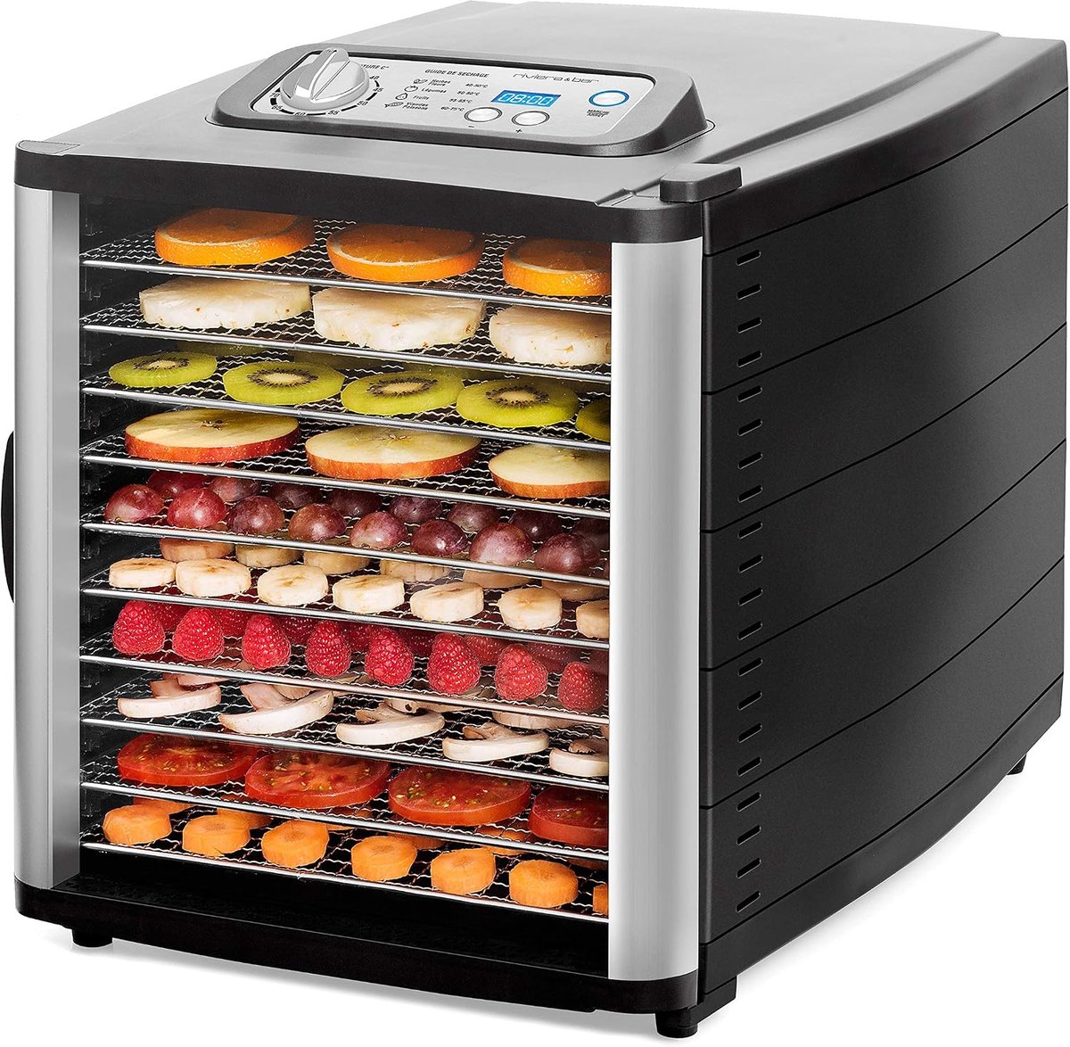 riviera&bar Voedseldroger 10 Trays – 800W – RVS Droogrekken – Instelbare Temperatuur 35-75°C – Digitale Timer – Voedseldehydrator voor Fruit, Groenten, Kruiden, Vlees en Paddenstoelen