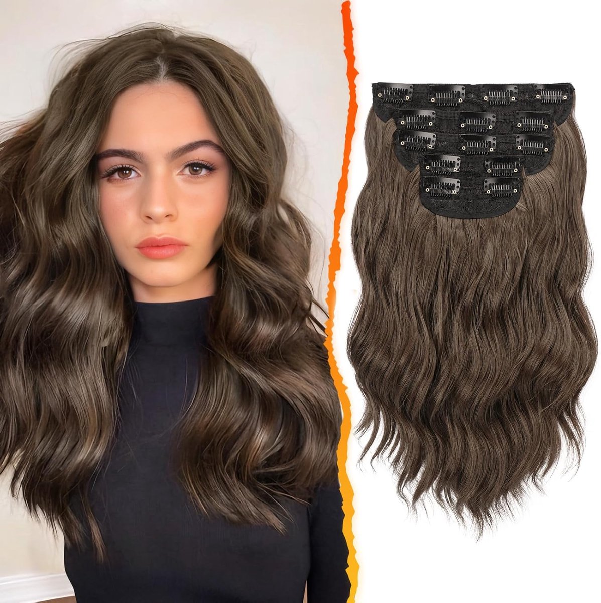 Haarextensies - 35cm Bruin Golvende Hair Extensions voor Vrouwen - 5 PCS Dik Natuurlijk Synthetische Haarextensies Haarstukje - Gouden Kastanje Bruin