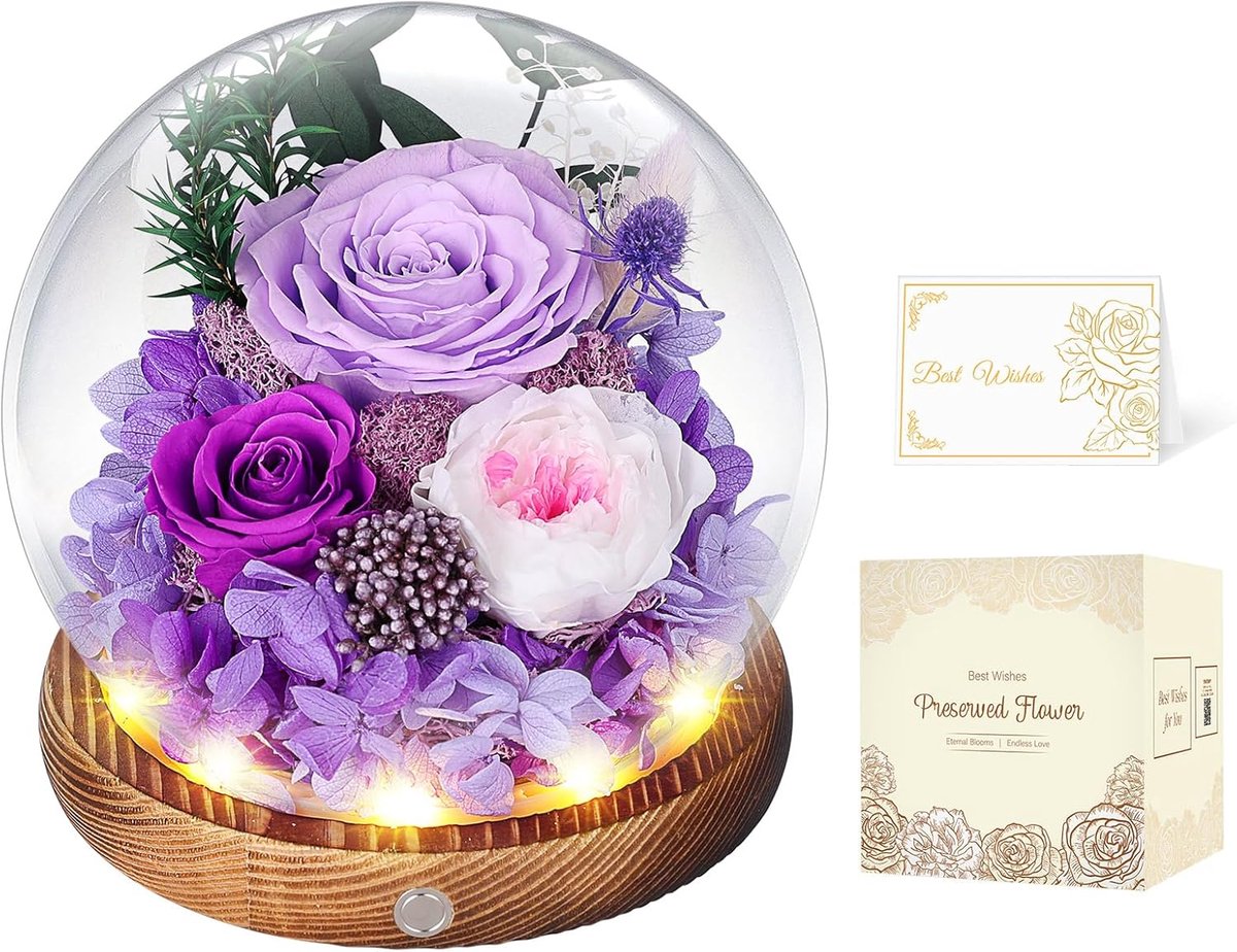 roos met led in glazen koepel, eeuwige roos, cadeau voor haar | Cadeau voor Valentijnsdag, verjaardag en Moederdag voor haar, vrouw of moeder in geschenkdoos met kaart