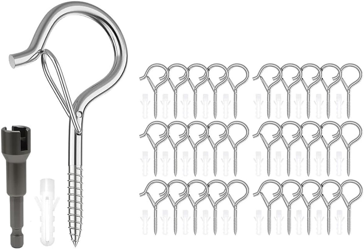 Haken, roestvrij staal, zilver, haken om te schroeven met zekering, plafondhaken, gecoate multifunctionele haken voor planten, bloempotten, decoratieve lampen, hangmatten