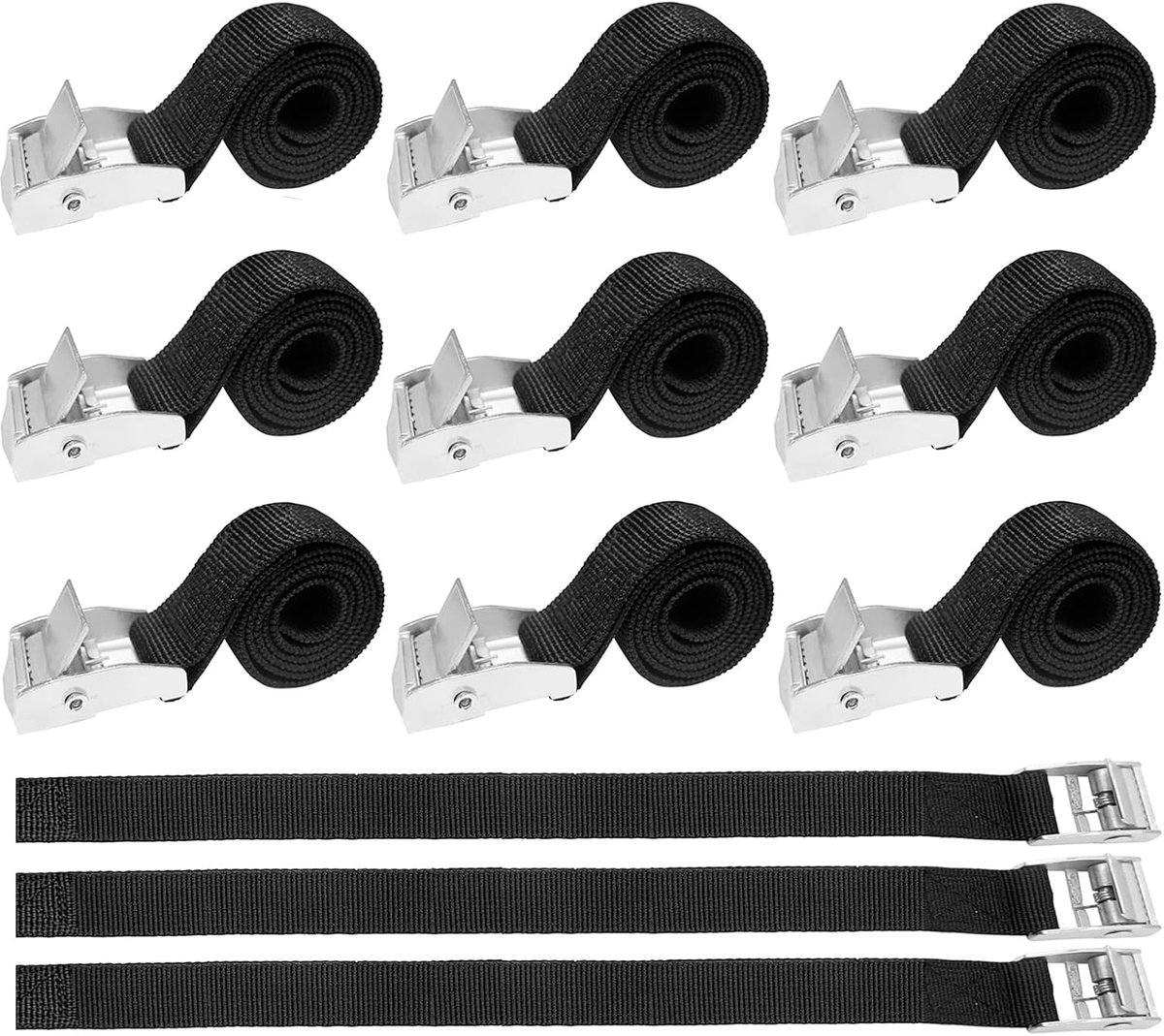 12 stuks ratel vastbinden riemen korte ratel stropdas verstelbare spanriemen zwarte borgriemen voor bestelwagens, motorfiets, fiets, bagage, vracht, 44 x 2 cm