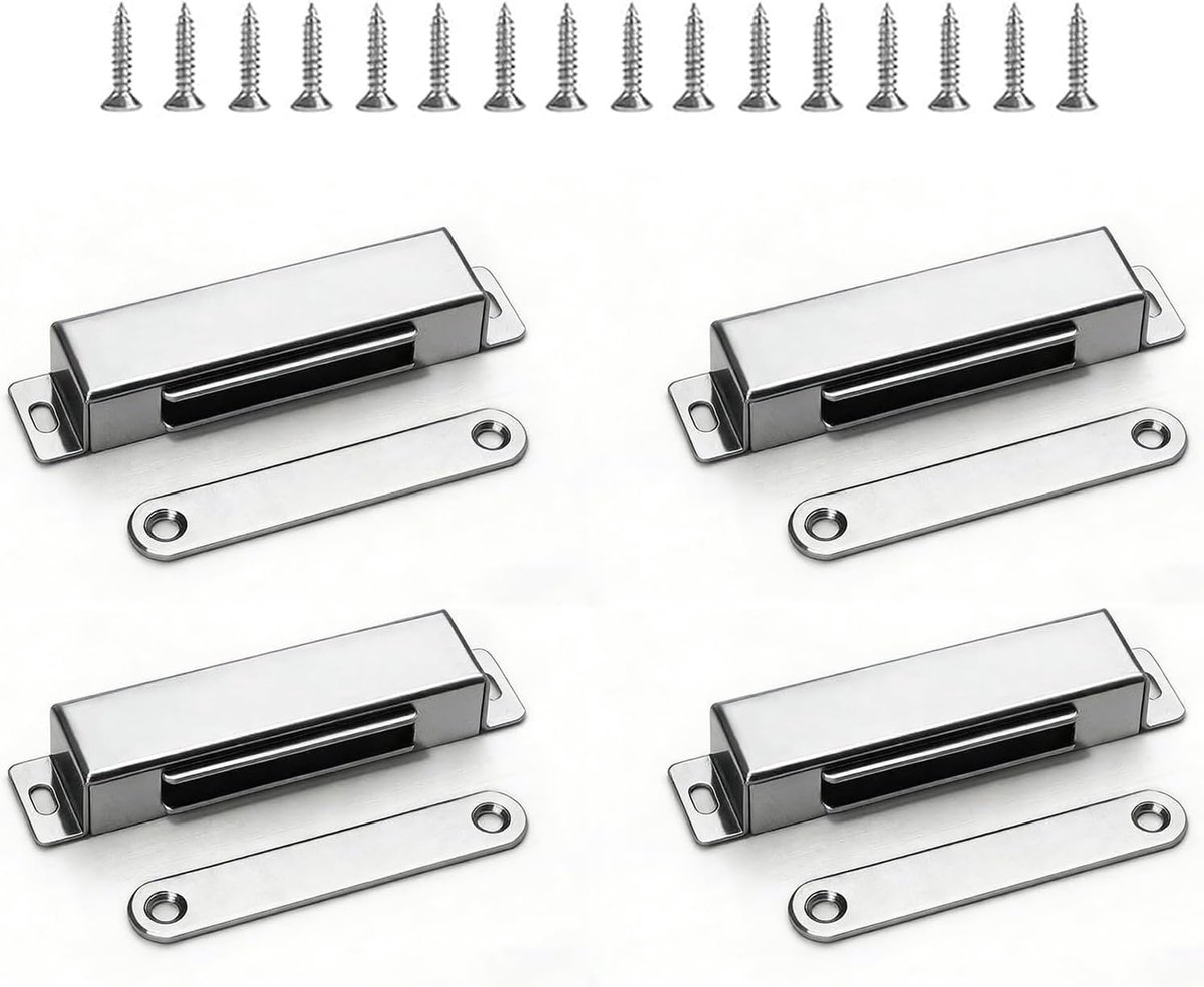 Magneetsnapper voor kast, magneetsluiting, kastmagneten, 4 stuks, sterke deurmagneten, 40 kg, roestvrijstalen magneet, kastdeur voor kastdeuren, keukenkasten en kledingkasten (zilver)