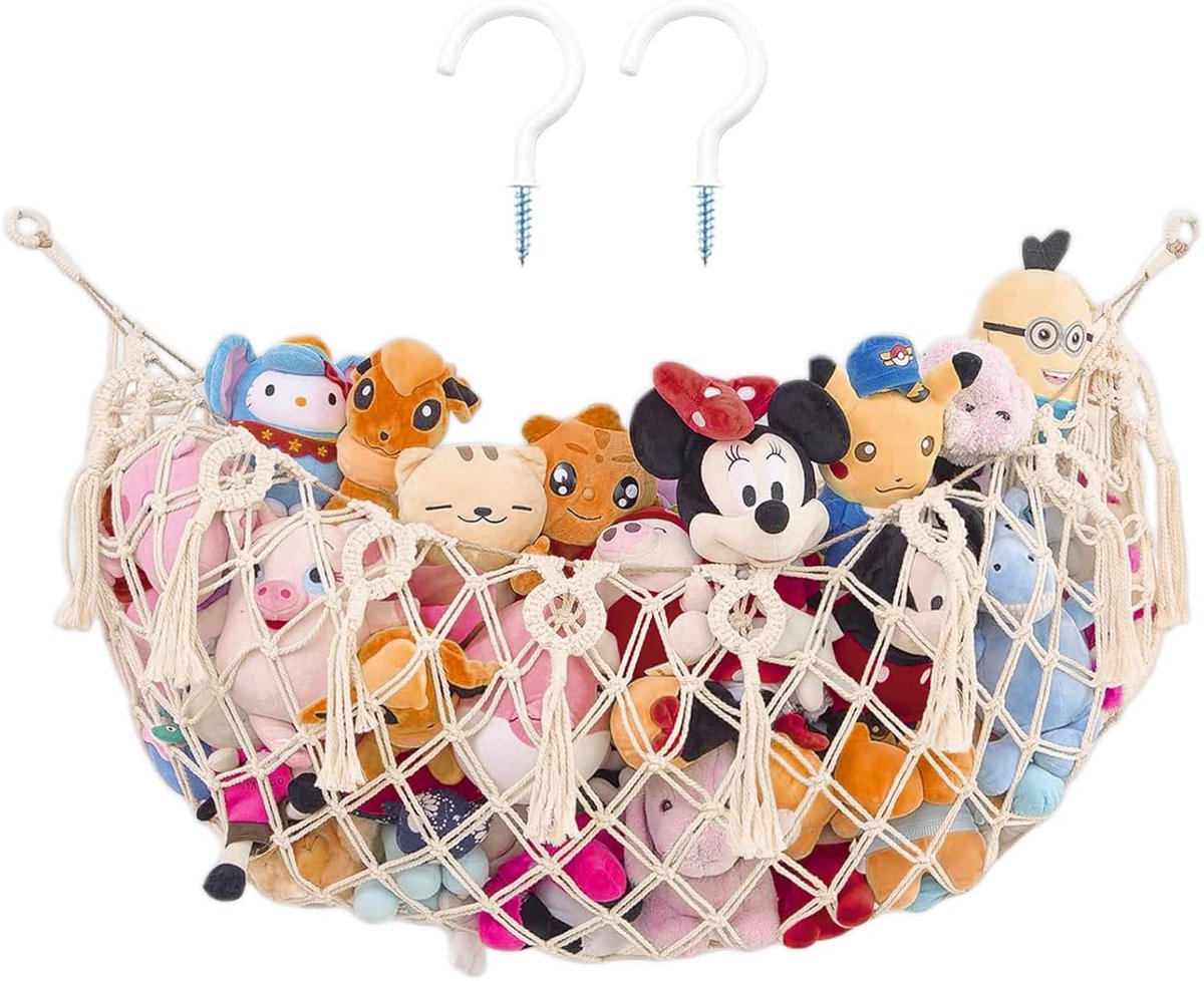 hangmat, grote crèmekleurige stoffen dier, opslag, 152 cm knuffeldiernet of hangmat, bewaardoos voor knuffeldieren met 2 haken, knuffeldier opslag voor platte wandophanging