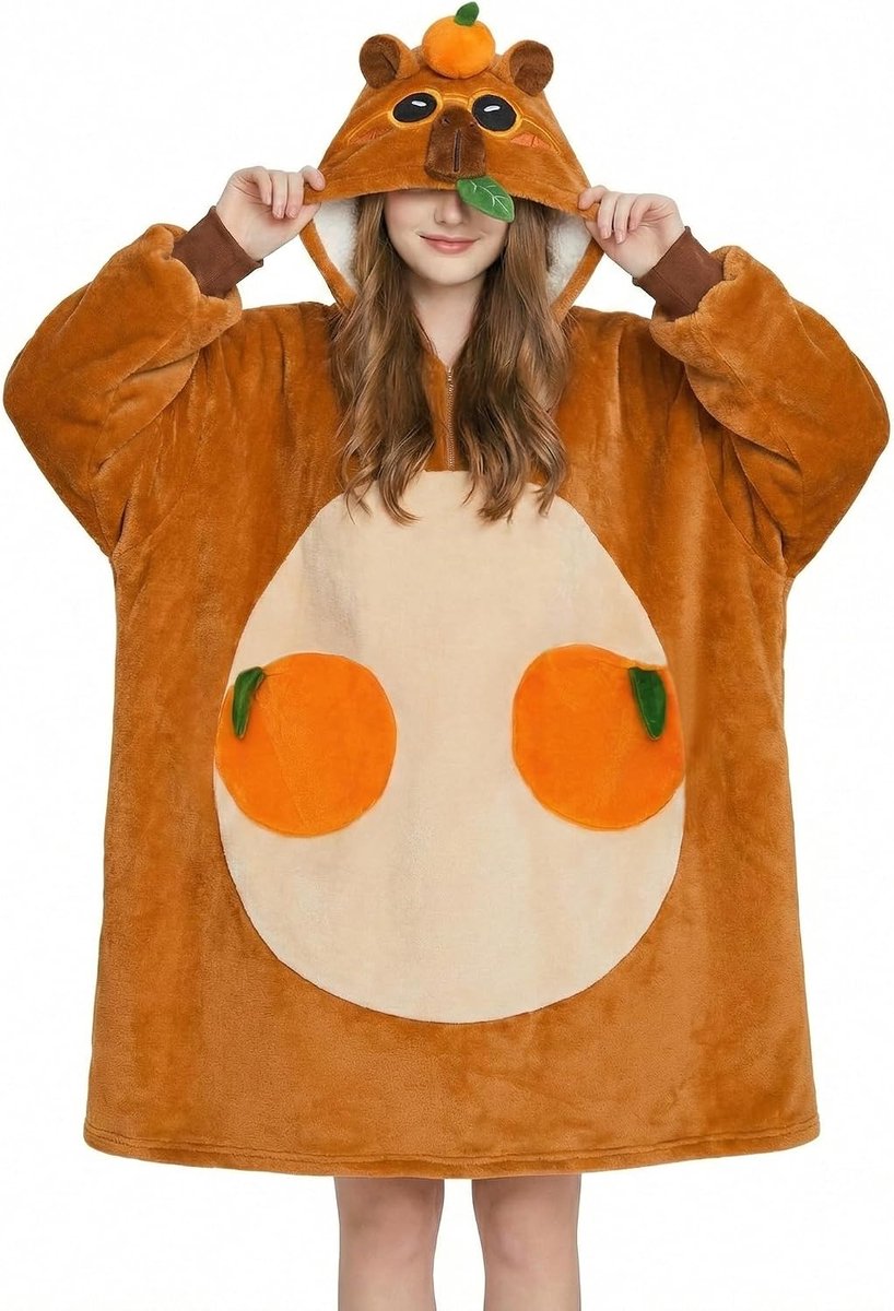 Capibara Overmaat Hoodie Deken voor Volwassenen, Sherpa Fleece Draagbare Deken met Mouwen & Zakken, Zacht Warm Knus Deken Met Capuchon, Donszacht Dekentrui voor Vrouwen Mannen