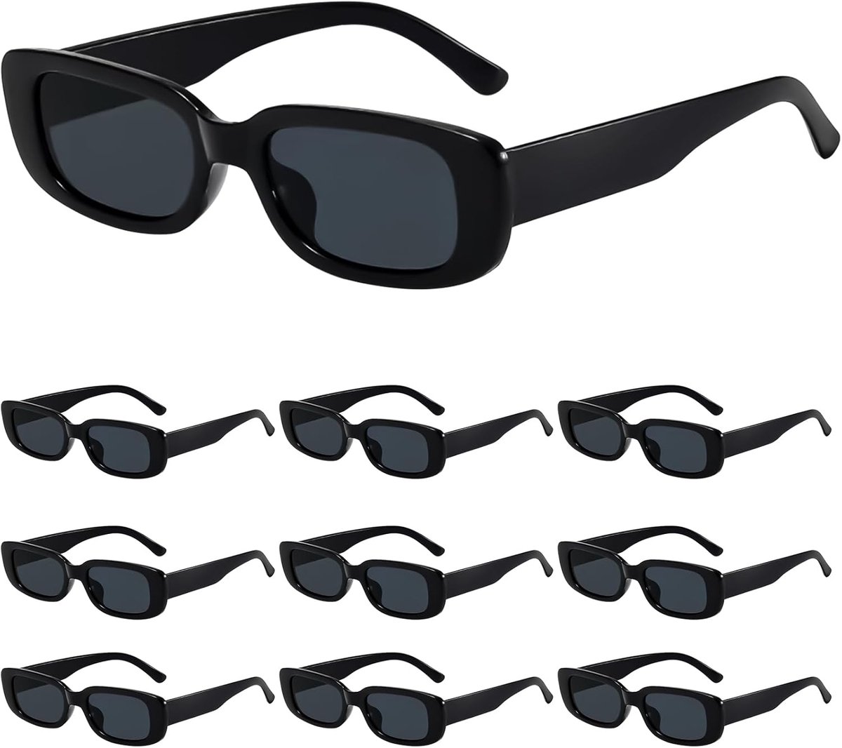 10 stuks Vintage zonnebril voor dames, zwart, smal rechthoekig, trendy zonnebrillenset uit de jaren 90, zonnebril voor dames, rave-bril voor dames
