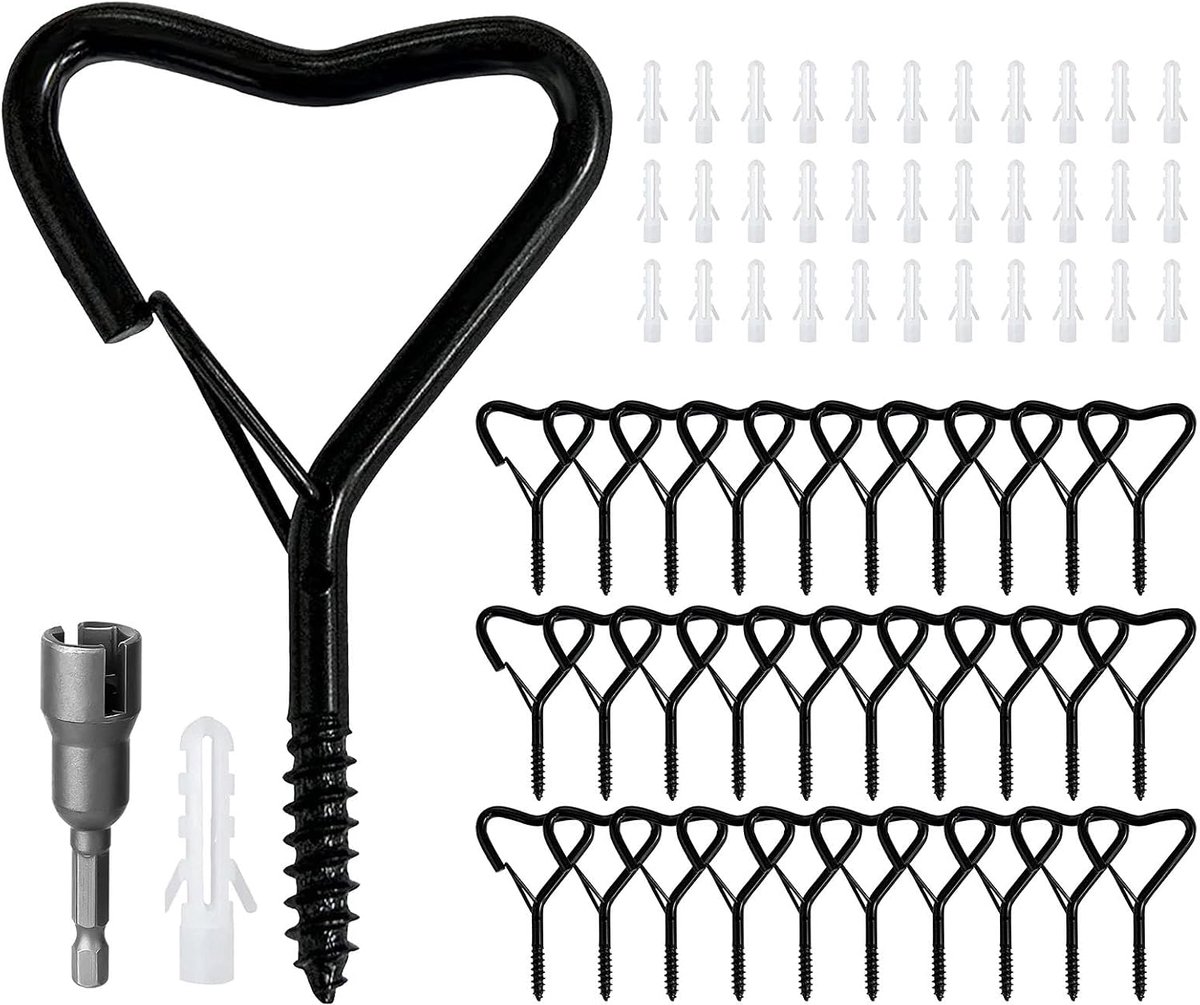 Haken met zekering,plafondhaken van roestvrij staal,metalen multifunctionele plafondhaken set, schroefbare muur Q-hanger haken voor hangende planten,windgongen (30pcs Zwart)