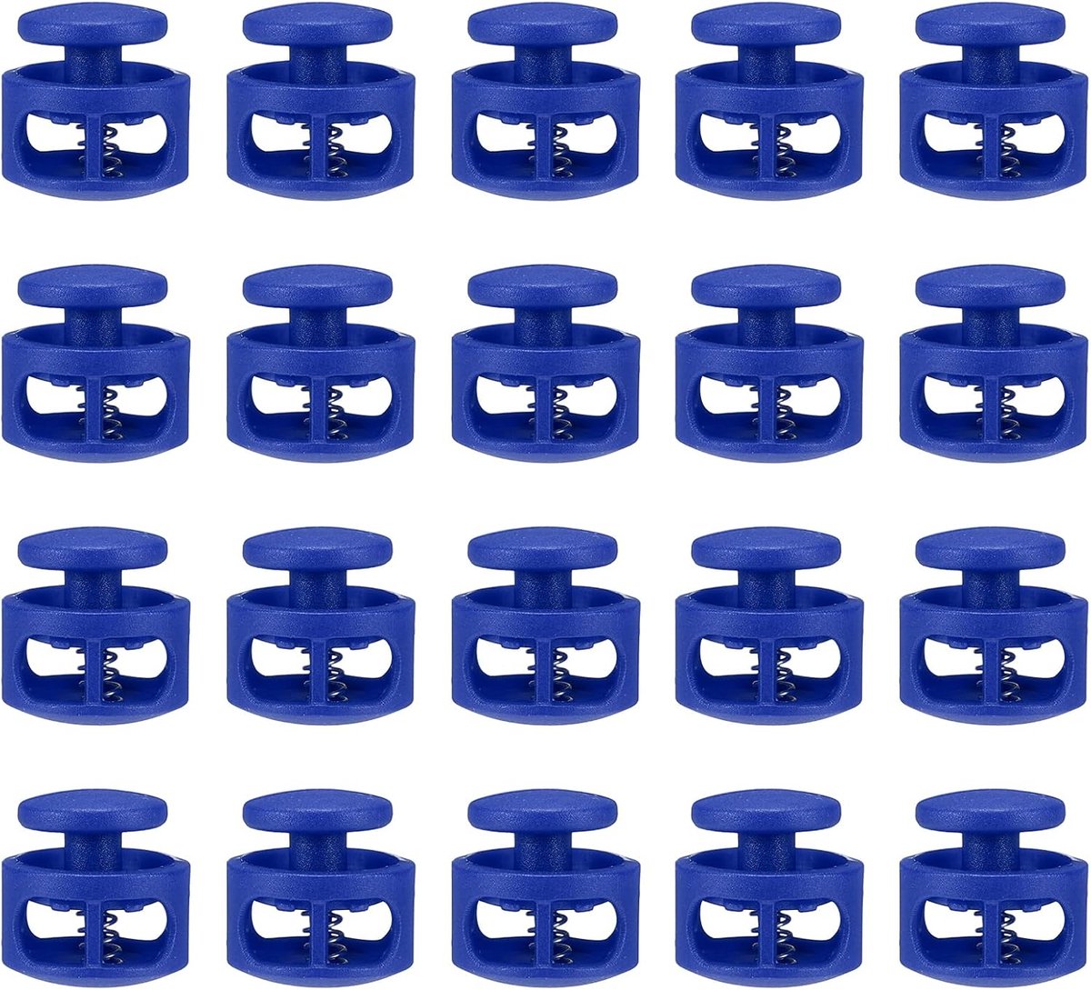 20 stuks kunststof koordstopper, dubbel gat, veer, knevelsluiting, clip, elastische sluiting voor trekkoord, paracord, tassen, kleding, handschoenen, koordsvervanging, blauw