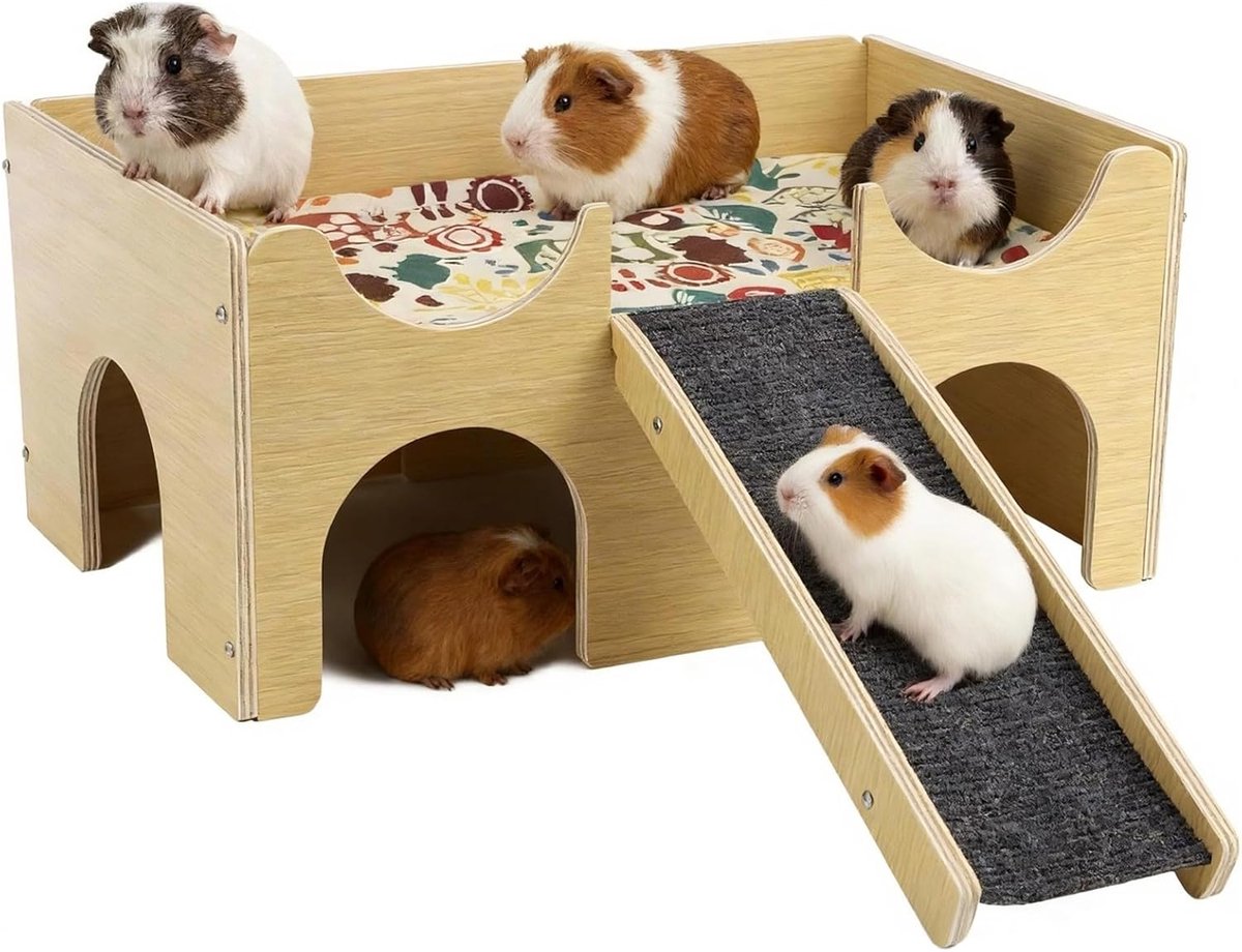 38 cm cavia-huis met helling, natuurlijk hout voor kleine dieren | Stabiele U-vormig, ruime dierenkasteel verstopplaats, ter bestrijding van verveling en verrijking