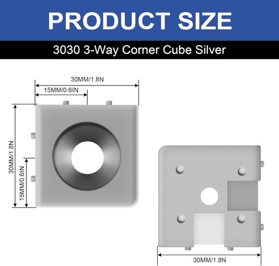 8 stuks 3030 3-weg hoekkubus 3030 extrusie hardware T-sleuf V-sleuf accessoires met schroeven en moeren voor 30x30 aluminium extrusie connector 3D-printer accessoires zilver — afbeelding 2