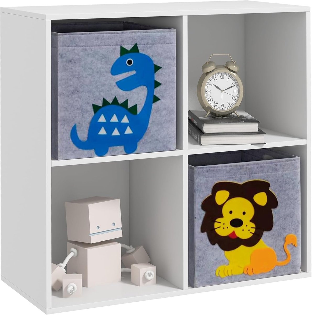 Kinderrek, boekenrek met 2 opbergdozen, kinderkamerrek, speelgoedrek voor kinderkamer, wit + grijs, 61,8 x 29,9 x 61,8 cm