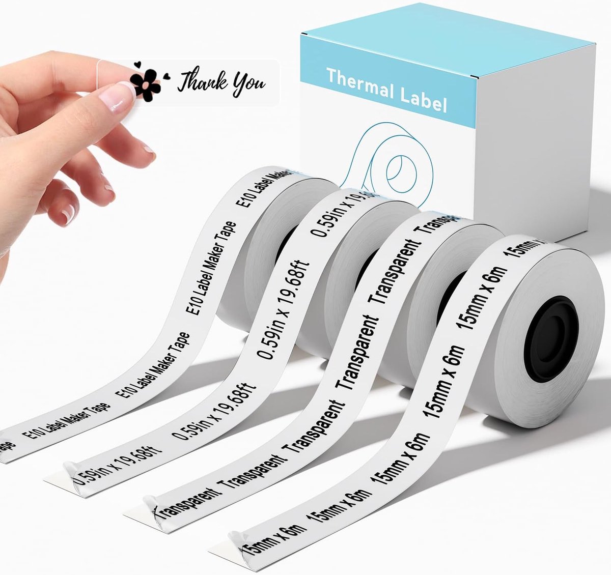 4 rollen label maker tape compatibel met SUPVAN E10 E11 labelmaker | Zwart op transparant, 15 mm x 6 m, continue gelamineerde thermische labeltape, navulling