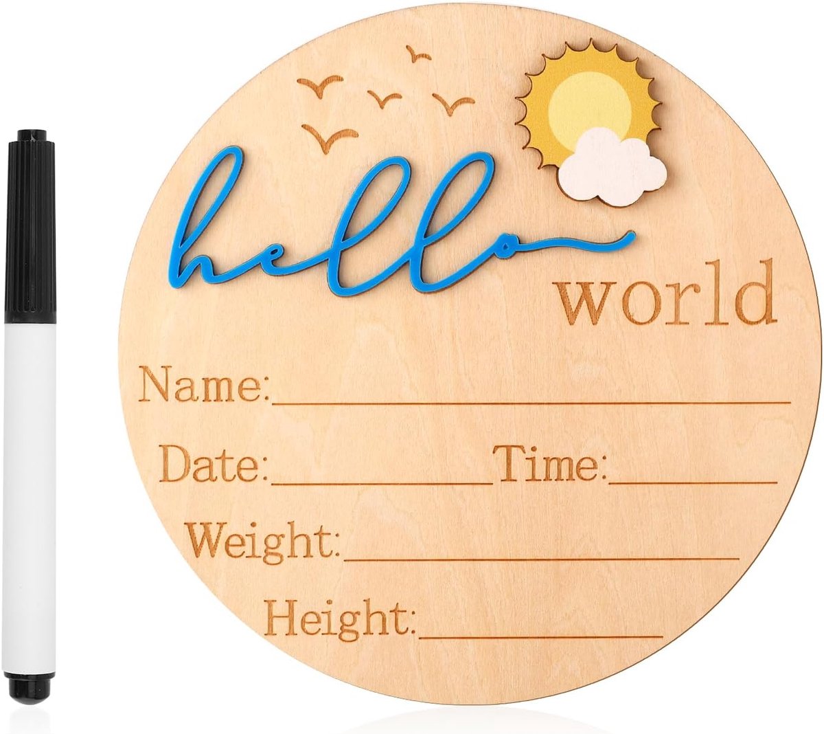 Aankondigingsbord, 14,8 cm Houten Hello World Newborn Bord Schattige Geboortenaambordjes voor Meisje Jongen Babyshower Ziekenhuis Kinderkamer Foto Prop (Blauw)