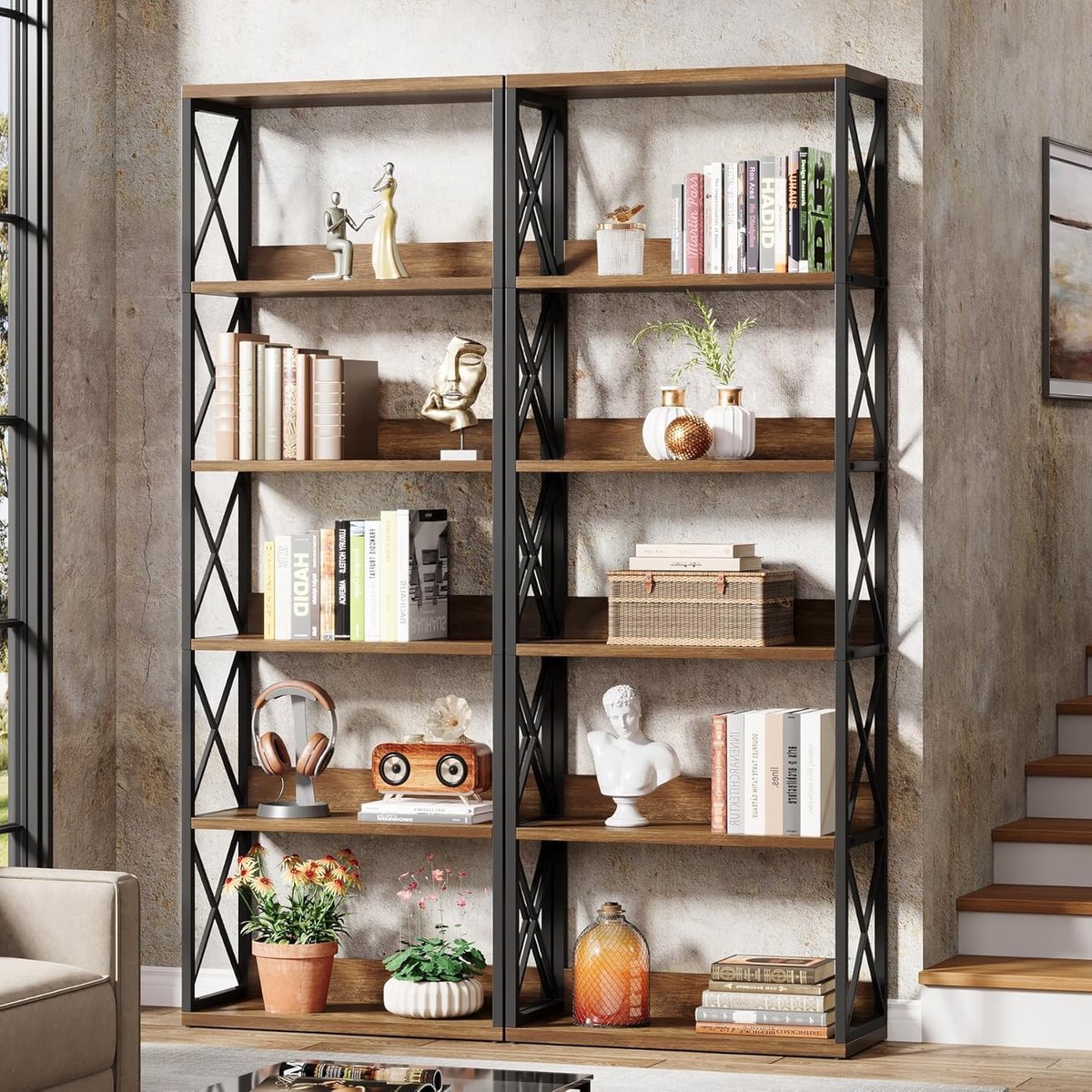 2 Stuks 5-Laags Industriële Boekenkast, 178 Centimeter Hoge Etagere Display Opbergplank voor Thuis, Kantoor, Slaapkamer, Studie
