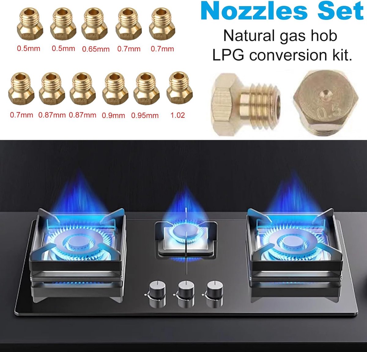 Sproeiers voor LPG-kookplaten, 0,5 x 2/0,65/0,7 x 3/0,87 x 2/0,9/0,95/1,02 LPG-gasstraalset, brander gasfornuis voor LPG-ombouwset, gaskookplaat, reservemondstuk, gasfornuis