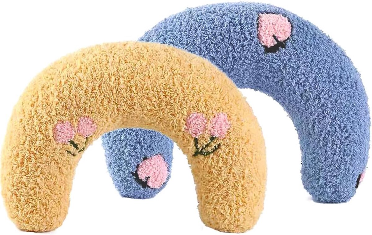hondenkussen, verpakking van 2 U-vormige kussens voor katten, kalmerend hondenkussen, hondenkussen voor honden, katten, puppy's en kittens, geel en blauw