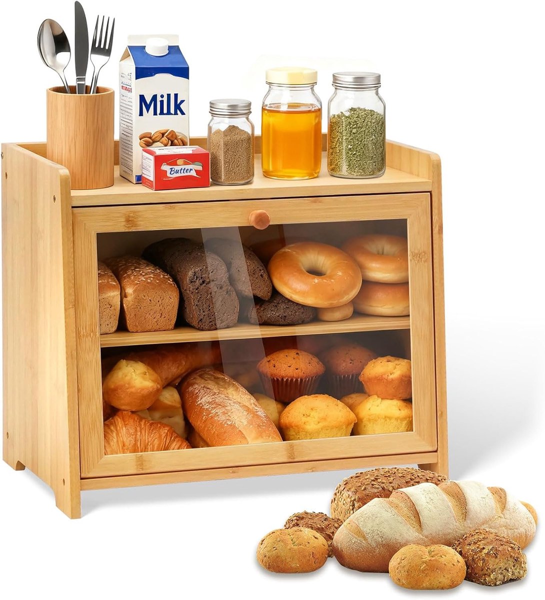broodtrommel met 2 etages, groot, dubbele verdieping, met kijkvenster, ventilatie, handgrepen aan de zijkant, houdt brood langer vers, keukenaanrecht, opslag voor broodjes, gebak