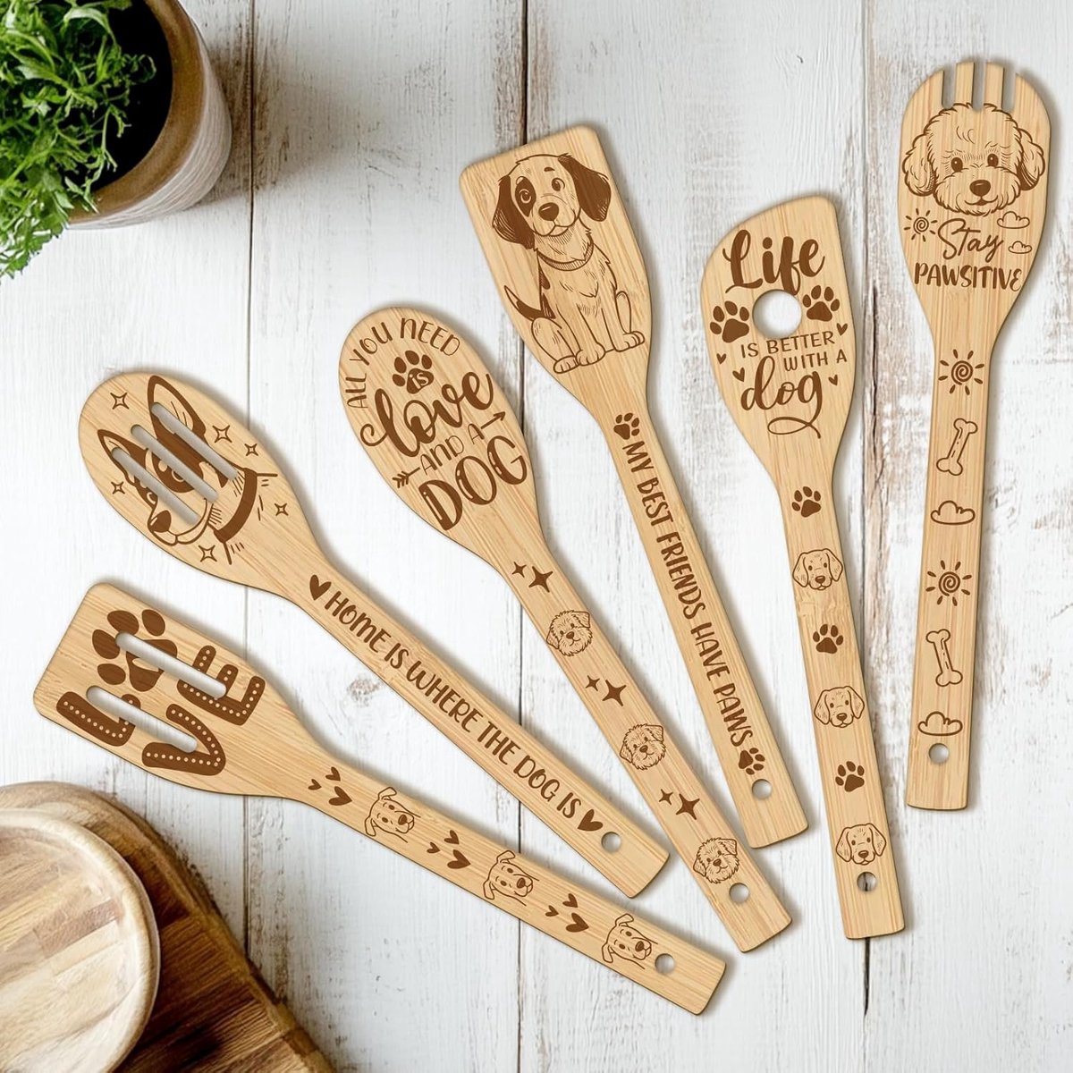 6-delig hond keukengerei hout, kookgereiset hout, vaatwasmachinebestendige pannenwender, houten kooklepel, uniek inhuldigingscadeau voor vrouwen