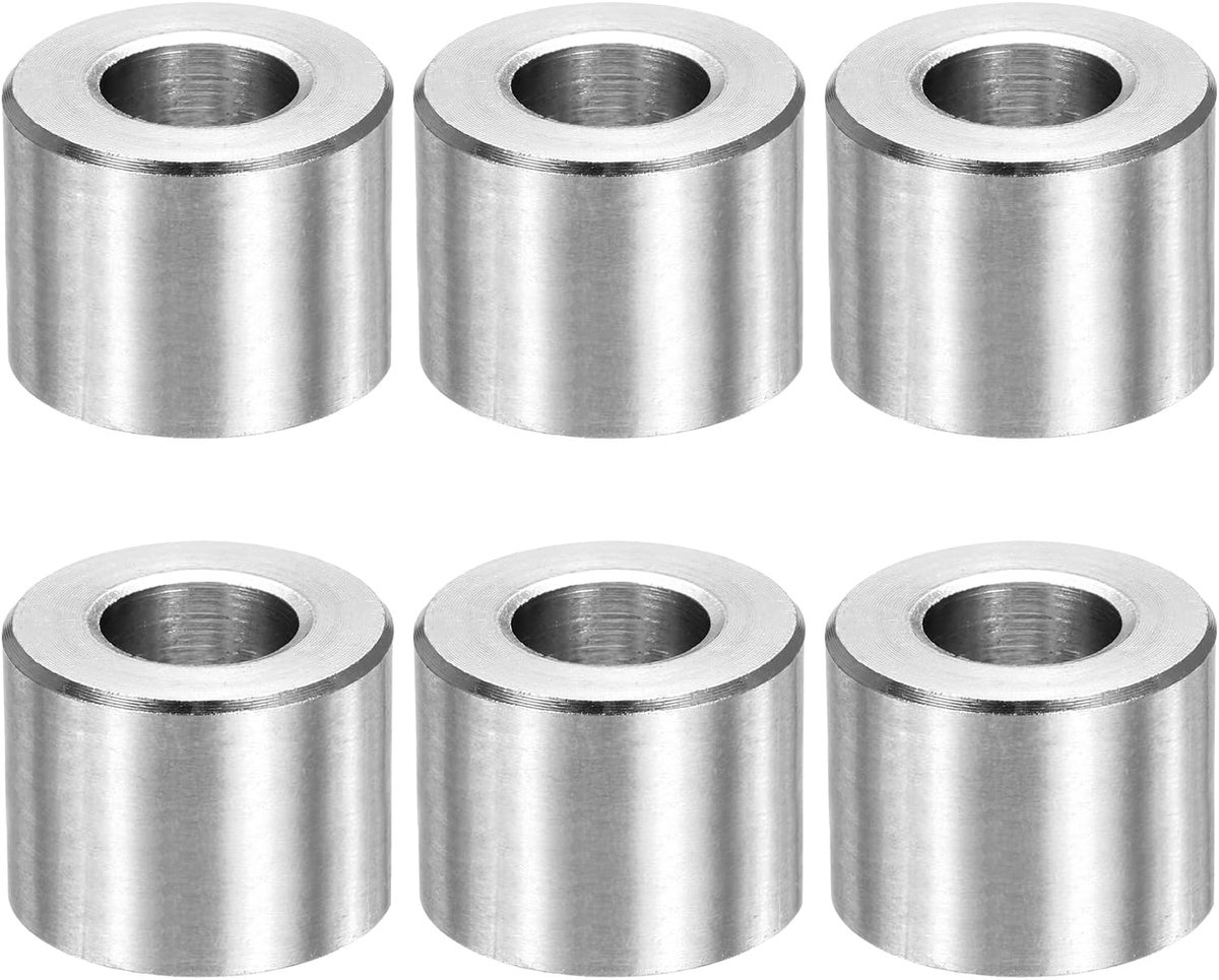 6 stuks M10 metalen afstandhouders, 3/8 inch, roestvrij staal, afstandhouder, 10 mm ID x 20 mm OD x 16 mm L, rond, draadloos, standoff bus, glad oppervlak, schroeven, bouten, zilver