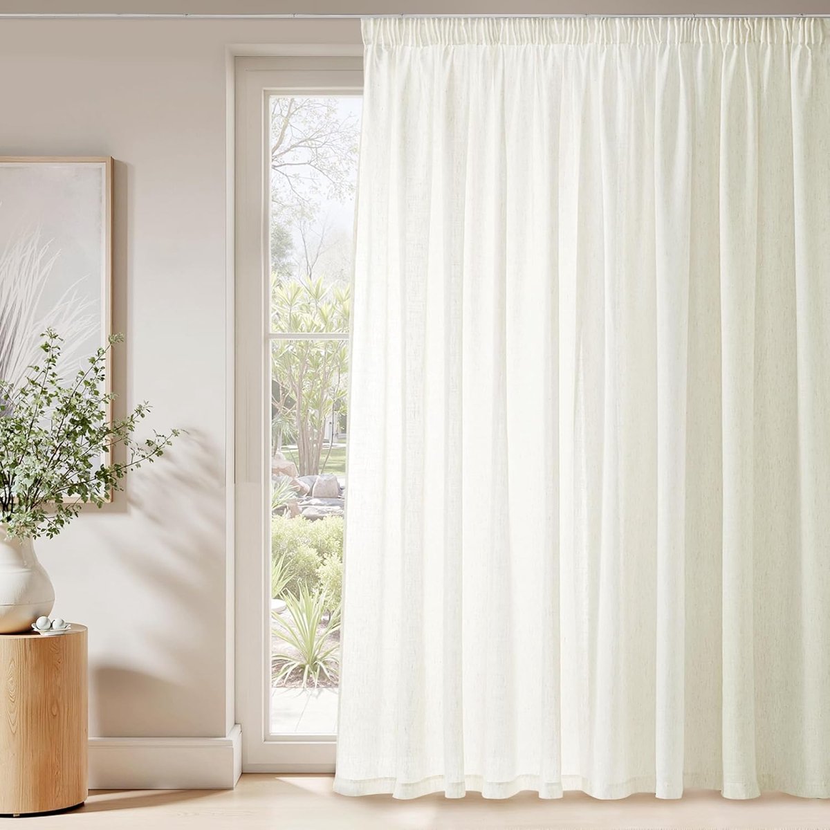 Hedendaags gordijn voor slaapkamer, semi-transparante gordijnen van linnen met lint voor woonkamer, elegante decoratie, linnen gordijn voor woonkamer, 1 stuk, 300 x 240 cm (b x h), ivoor