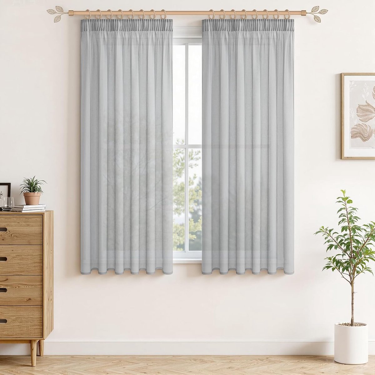 Gordijnen, grijs, kort, met rimpelband, 130 x 140 cm (h x b), boho, transparant, voor slaapkamer, set van 2 gordijnen, macramé, modern, voor keuken, vitrage, kinderkamer