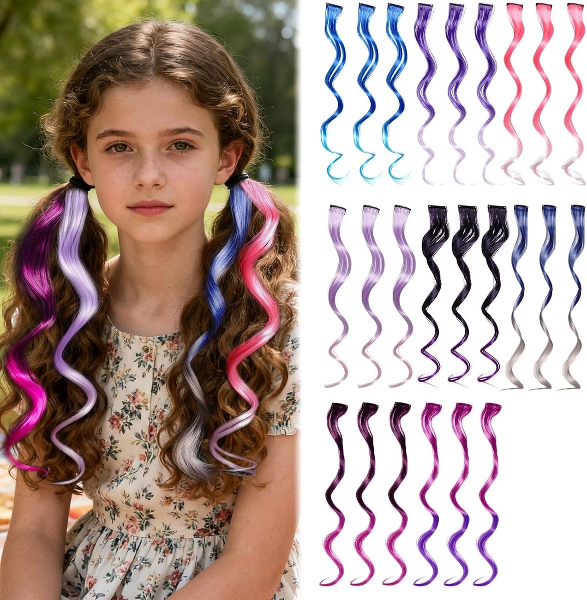 set met 24 kleurrijke haarstrengen voor meisjes, glitter, haarspelden, party, haaraccessoires