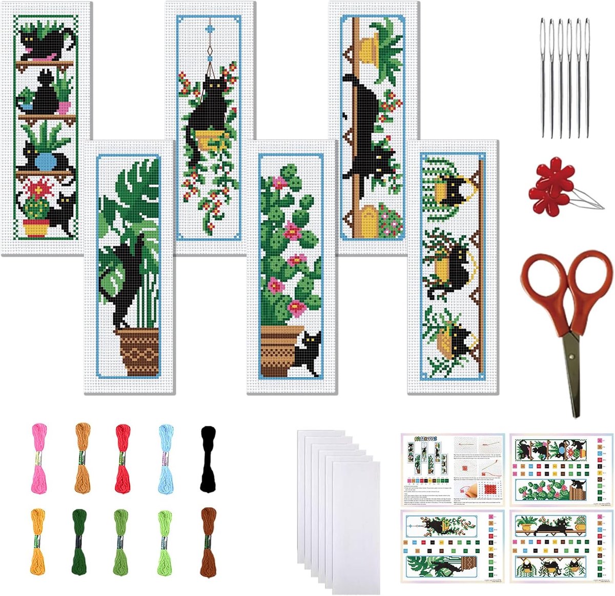 6 Set Markeringsets Kruissteek Pagina's Borduurset Gestempeld Kat en Potplanten Markering Steekpagina's Markering DIY Pagina's Gedrukt Kruissteek Kits 20 x 5 cm
