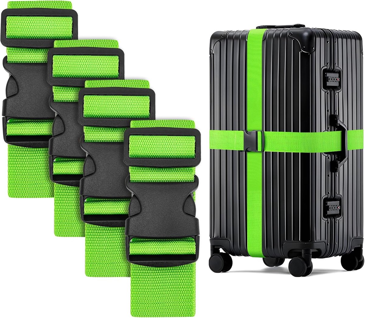 Kofferriem, 4 stuks, 130-250 cm, groen, kofferband, opvallend | Geavanceerde kofferriemen, veilige kofferbanden, robuuste kofferriem, bagageriem voor reizen, vliegreizen, vakantie, bagage
