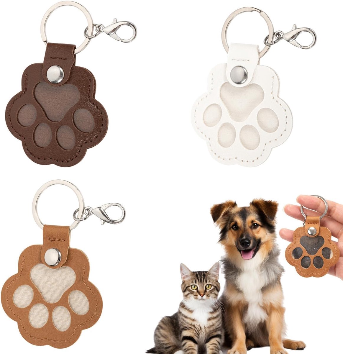 sleutelhanger voor dierenharen, sleutelhanger met pootdesign, herinnering hond, cadeau voor hondenbezitters, aandenken aan overleden kat, voor kattenliefhebbers, bruin, kaki en wit, Eén