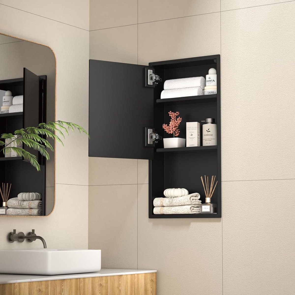 Wandnisdouche van roestvrij staal, 60 x 30 x 10 cm, douchebak met deur, inbouw-nisbak voor badkameropslag, medicijnkast, huisapotheek met 3 niveaus, zwart