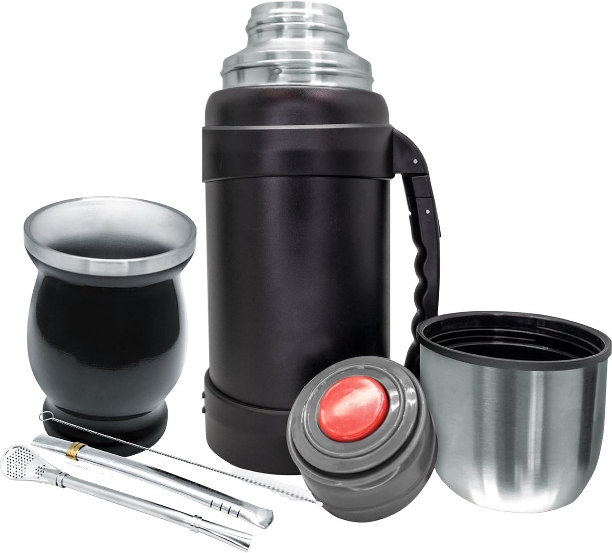 FIH 1596 Mate-set met dubbelwandige roestvrijstalen beker 250 ml + twee pijpenlampen voor Mate met reinigingsborstel + thermoskan van roestvrij staal, 1300 ml