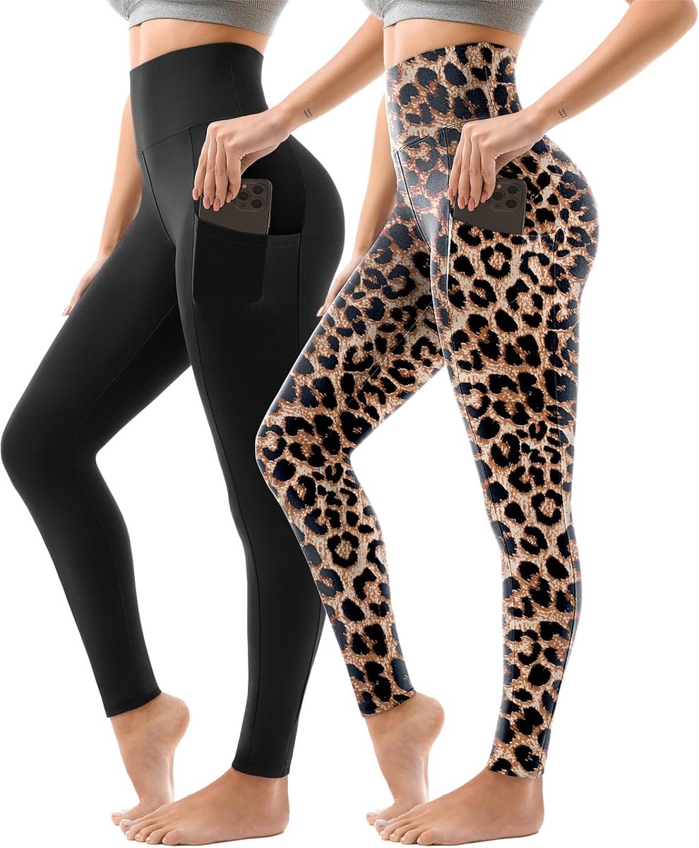 Sportlegging voor dames, hoge taille, sportbroek voor dames, lang met zakken, voor gym, yoga, verpakking van 2 stuks, SM, zwart/grijs