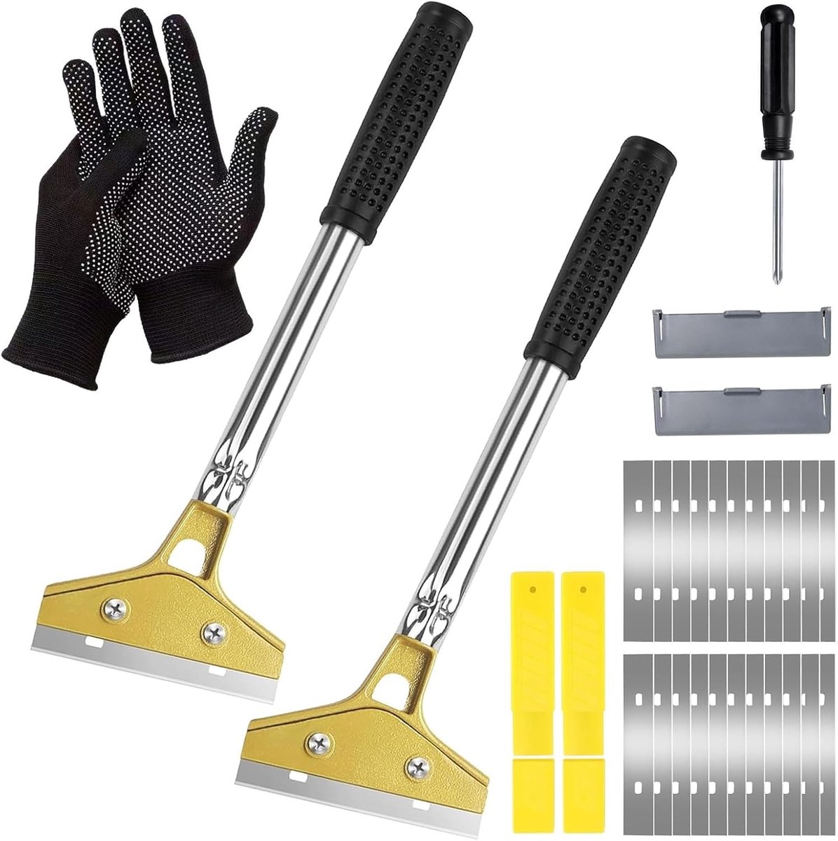 2 stuks behangschraper met 20 staal, 30 × 10 cm behangverwijderaar bevat schroevendraaier en handschoenen, handschraper vloerschraper met rubberen handgreep voor het verwijderen van lijm en