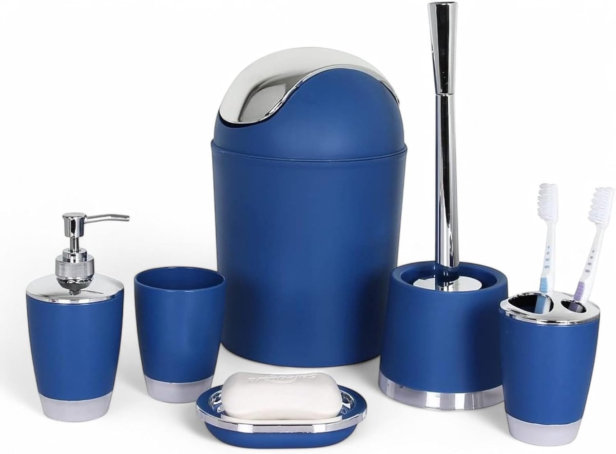 Badset, 6-delig, diverse badkameraccessoires, met zeepdispenser en wc-borstel (donkerblauw)