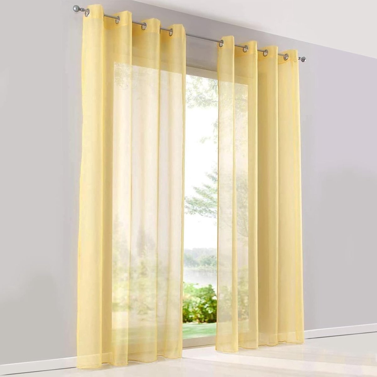 Gordijnenset, 2-delig, met ringen, polyester voile gordijn met lussen, transparant voor woonkamer, balkon, slaapkamer, keuken, breedte 140 cm, hoogte 260 cm, gordijn geel