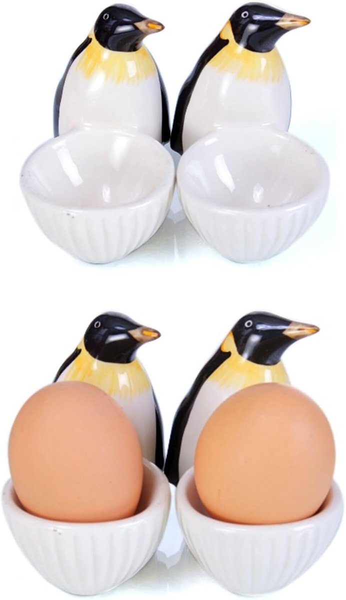 Eierdopjes keramiek servies set dieren motieven 4-delig goede kwaliteit (Pinguïn)